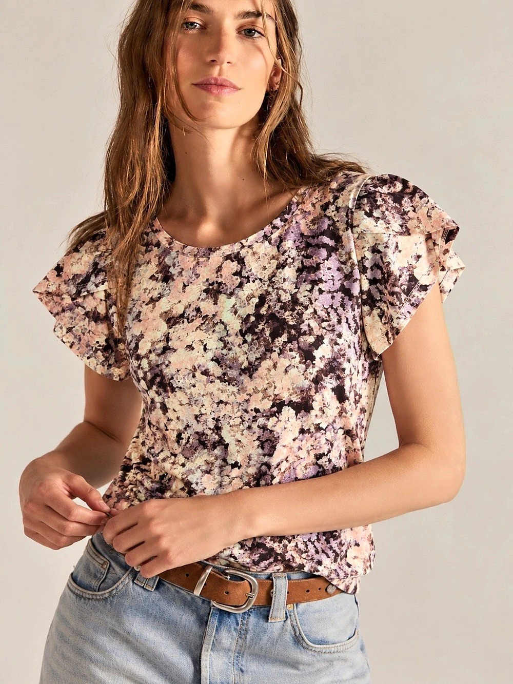 362. Ricki's Tessa Floral Flutter Sleeve Top Pink & Purple XS